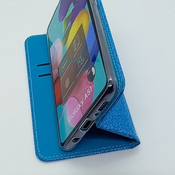 Handytasche für Samsung A51 geeignet Shining Case Glitter blau