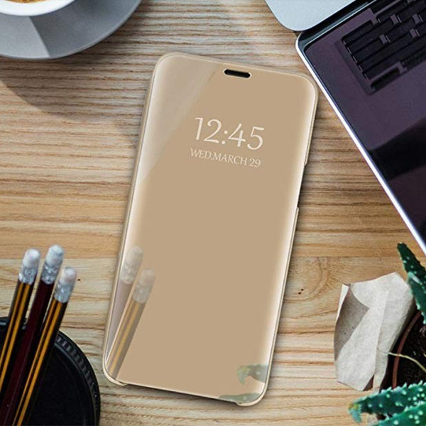 Samsung A21 geeignete Hülle Spiegel Clear View Case goldfarben