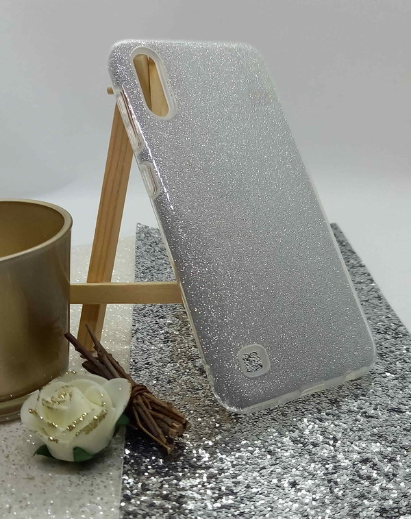 Samsung A10 geeignete Hülle Silikon Case mit Glitzereffekt silberfarben