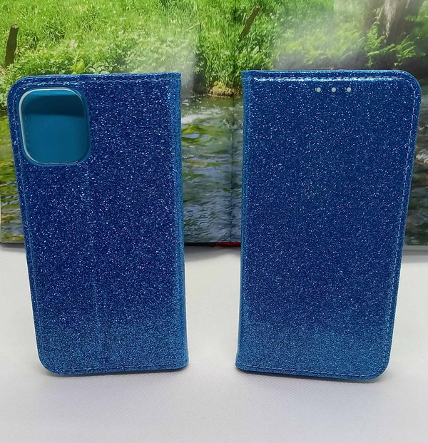 Handytasche passend für iPhone 12 Mini Shining Case Glitter blau